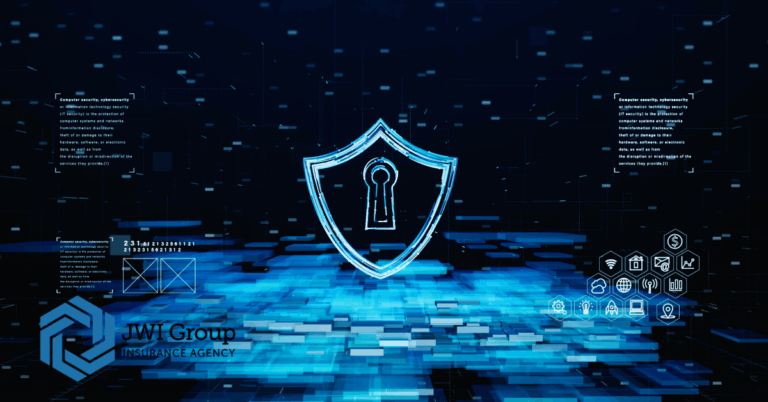 Shield with keyhole symbol representing cloud cybersecurity and data protection, with digital grid background and JWI Group logo.