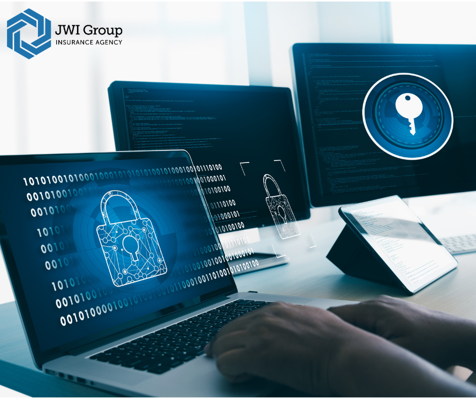 Cybersecurity lock icons on laptop and monitors with JWI Group logo - protecting business data