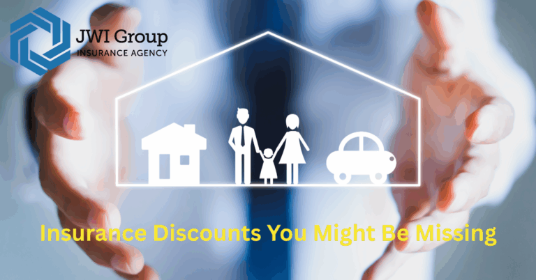 Insurance discounts graphic with house, family, and car under protective hands