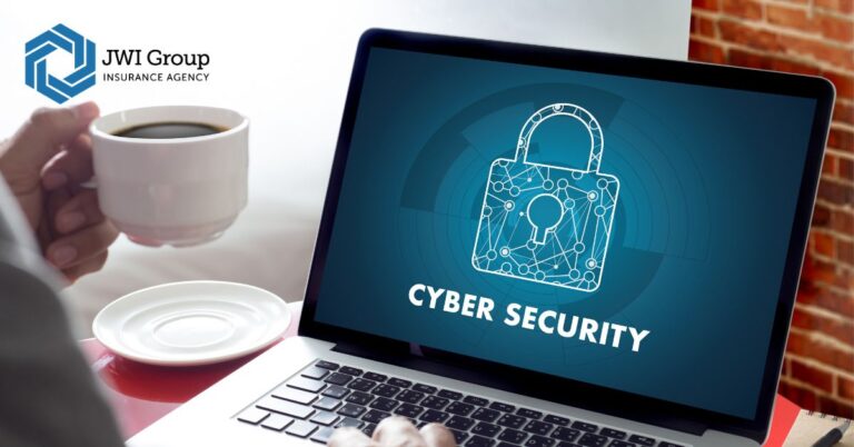 Laptop screen displaying a digital lock and the words “Cyber Security” with JWI Group Insurance Agency logo, symbolizing protection against cyber threats.