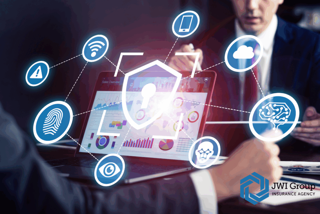 Laptop with digital shield and security icons including fingerprint, cloud, and AI, highlighting technology’s role in the future of cyber insurance coverage.