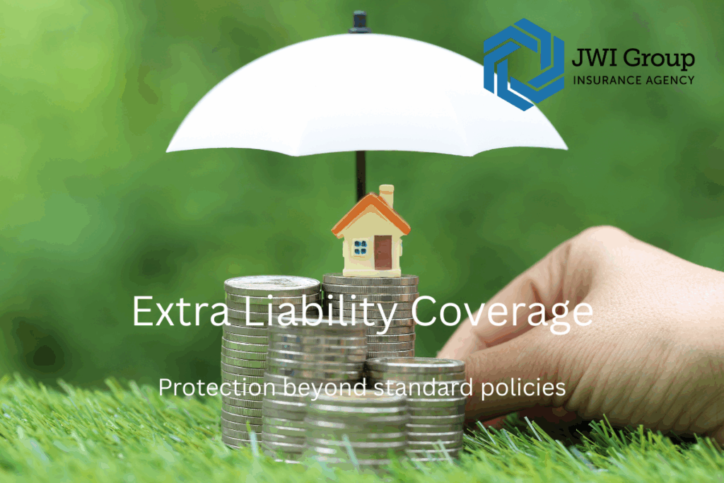 Miniature house on stacked coins under umbrella, symbolizing extra liability coverage.