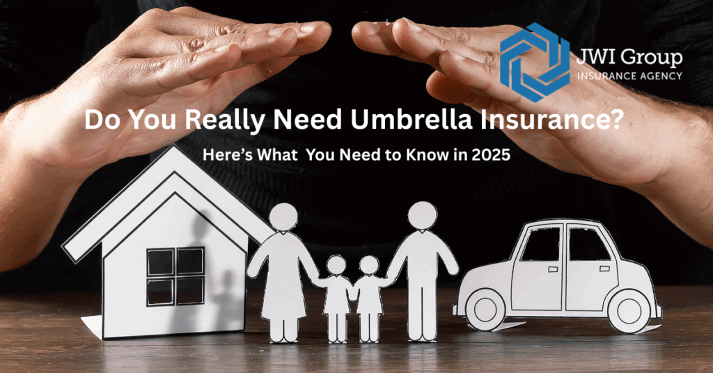 Hands shielding paper cutouts of a house, family, and car, symbolizing umbrella insurance protection.