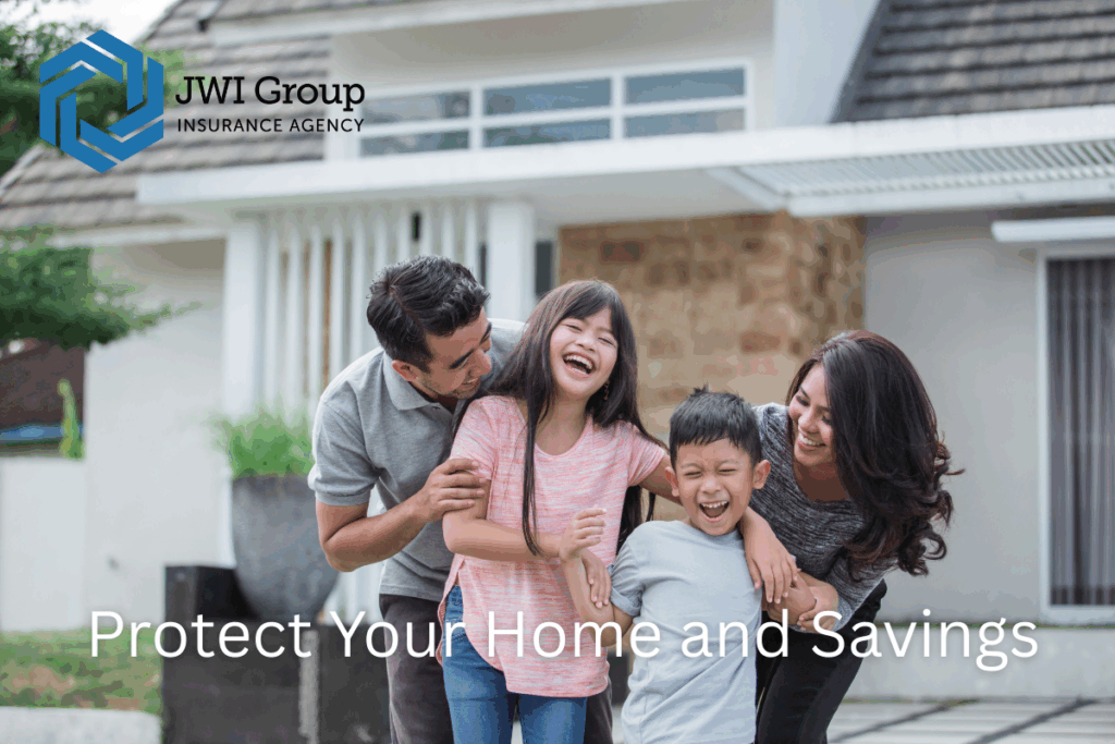 Family smiling outside their home, representing protection of home equity and savings.