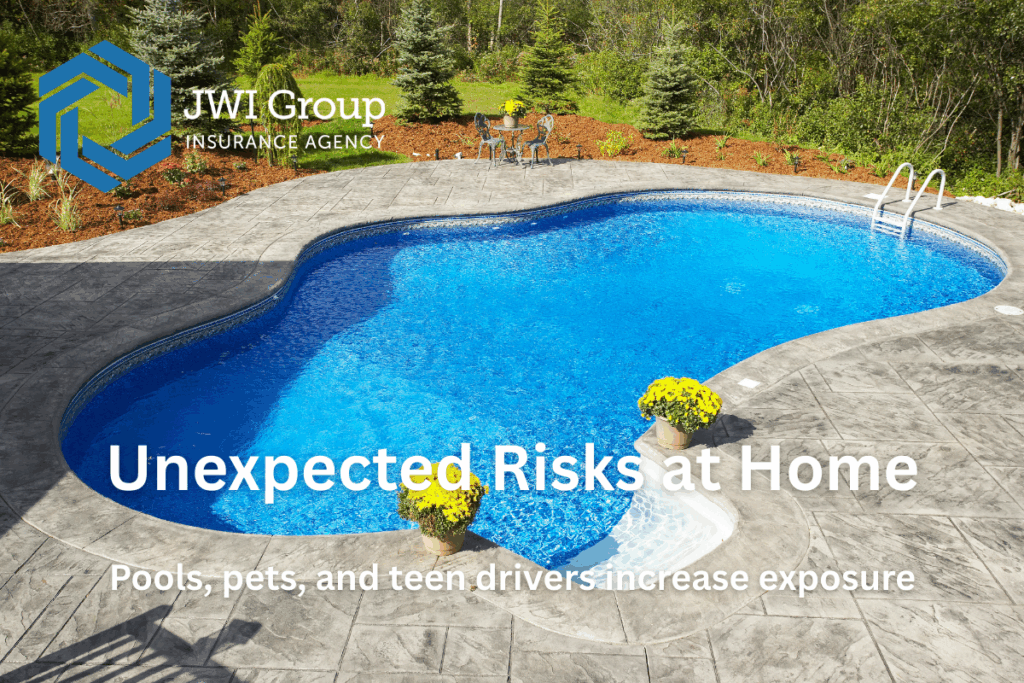 Backyard pool representing household liability risks.