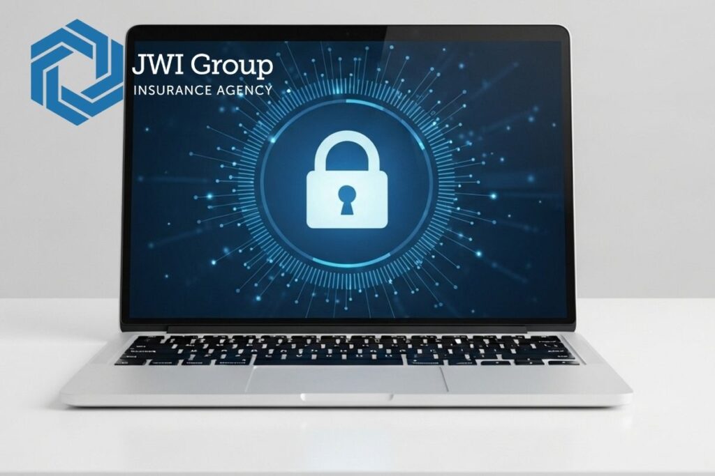 Laptop displaying a digital cybersecurity lock graphic, representing cyber liability and data privacy risks for nonprofits.