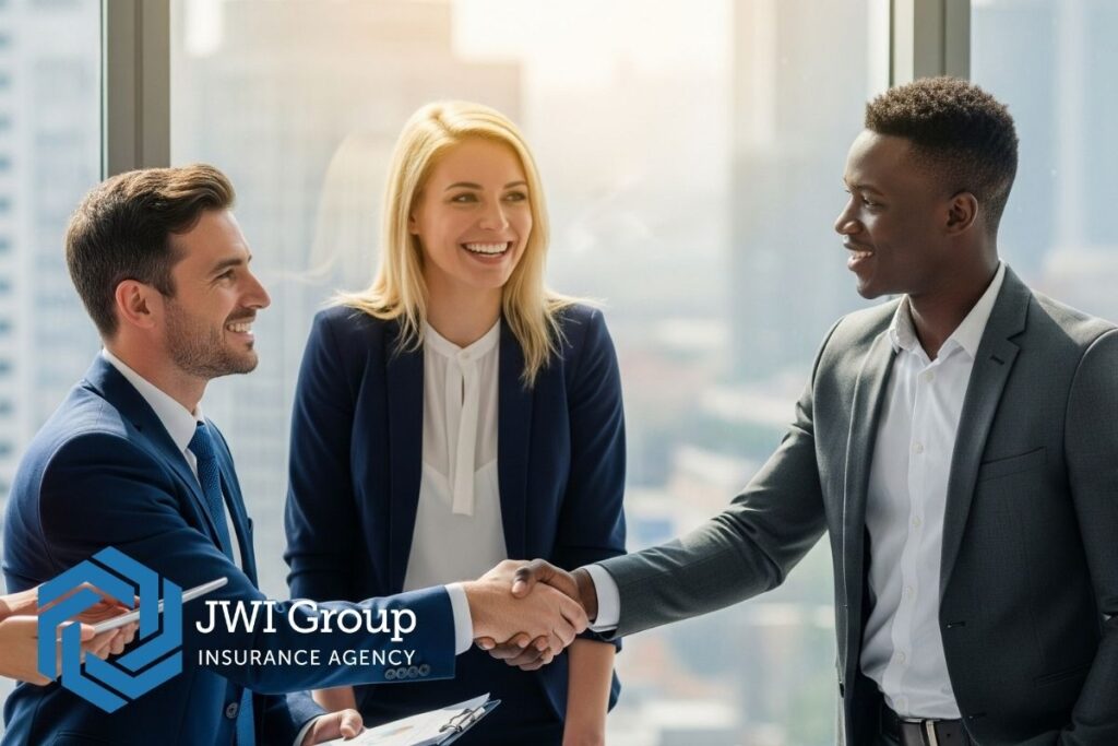 Nonprofit leaders and advisors meeting and shaking hands, symbolizing strong risk management partnerships and insurance planning.